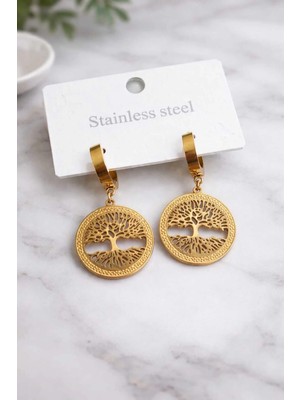 Bella Kadın Ağaç Detaylı Paslanmaz Çelik Küpe