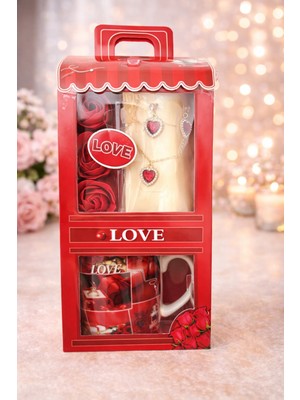 Eng Parti Dünyası Love Temalı Kolye Seti, Kupa ve Dekoratif Gül Hediye Seti Eng-Kb-05