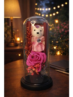 Eng Parti Dünyası Koyu Pembe Cam Fanus Ayıcık ve Gül Içinde LED Işıklı Hediyelik – Özel Tasarım Masa Üstü Dekor