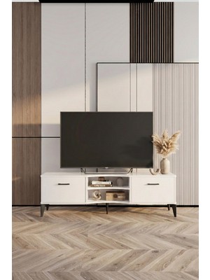 Gold Falez Tv Sehpası Tasarım Çok Amaçlı Televizyon Ünitesi Raflı Dolaplı Salon Oturma Odası Vera 5058 Beyaz