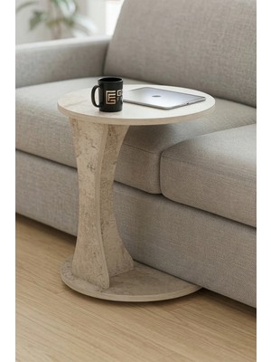 Gold Falez Yan Sehpa Modern C Sehpa Minimal Tasarım Yuvarlak Orta Sehpa Salon Koltuk Yanı 6098 Traverten