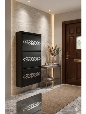 Karlı 3'lü Antrasit Gümüş Desenli Metal Ayakkabılık