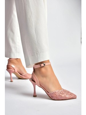 Fox Shoes Y752044206 Pudra Dantelli Ince Topuklu Kadın Ayakkabı