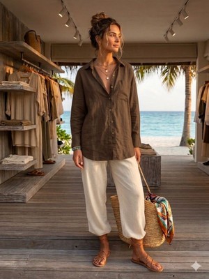 CGA Kadın Keten Kadın Gömlek Kahverengi Keten Gömlek