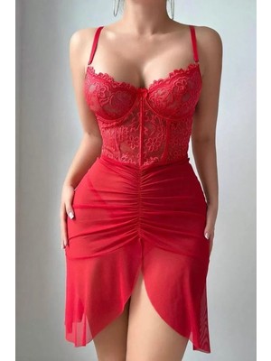 Liyuza Özel Tasarım Kırmızı Dantel Işlemeli Korse Görünümlü Önden Büzgülü Fantezi Tül Gecelik