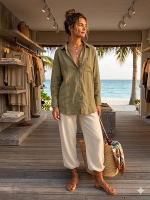 CGA Keten Kadın Gömlek Haki Keten Gömlek