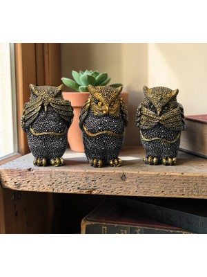 Elifeshop Görmedim Duymadım Bilmiyorum 3lü Baykuş Biblo Seti Dekoratif Ev Ofis Hediyelik Reçine Süs