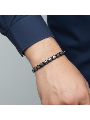 Valmont Accessories Hematit Taşlı Asansörlü Ayarlanabilir Ipli Erkek Bileklik Siyah Örgü Minimal Tasarım