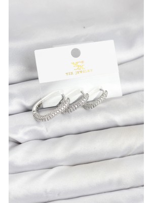 Sylar Pirinç Gümüş Renk Zirkon Taşlı Halka Model Ysx Trio Küpe Seti