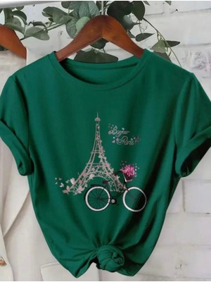 Punix Büyük Beden Özel Seri Paris' Te Yaz Baskılı %100 Pamuk Oversize Şık Kadın Battal T-Shirt