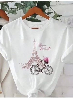 Punix Büyük Beden Özel Seri Paris' Te Yaz Baskılı %100 Pamuk Oversize Şık Kadın Battal T-Shirt