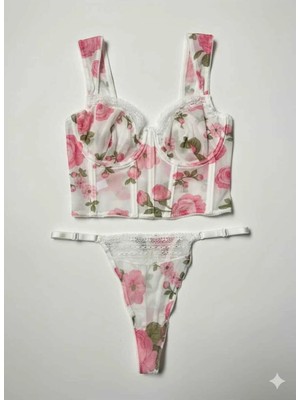 Bella Kadın Pembe Gül Desenli Dantel Tül Detaylı Balenli Şık Büstiyer Tanga Takımı