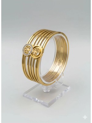 Bella Kadın Ağaç Desenli Taşlı Paslanmaz Çelik Kelepçe Bileklik