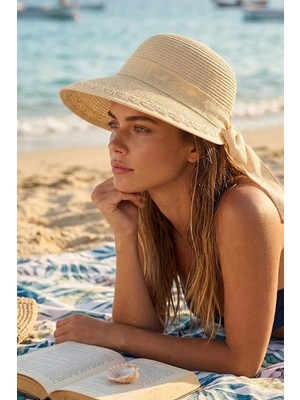 Ritagarcia Kadın Hasır Güneş Şapkası Arkası Fiyonklu Ayarlanabilir Plaj Şapkası