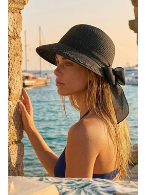 Ritagarcia Kadın Hasır Güneş Şapkası Arkası Fiyonklu Ayarlanabilir Plaj Şapkası