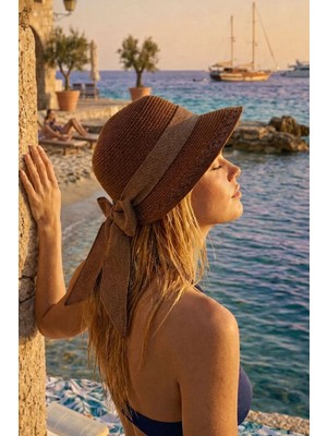 Ritagarcia Kadın Hasır Güneş Şapkası Arkası Fiyonklu Ayarlanabilir Plaj Şapkası