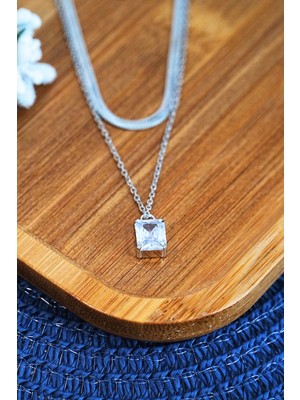 Calperia Bakla Model Zirkon Baget Taşlı Zincir Çelik Kolye