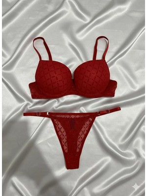 Bella Flok Simli Kare Baskılı Tül Detaylı Dolgulu Destekli Sütyen Takımı