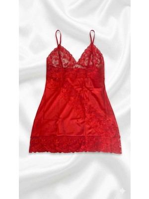 Bella Kırmızı Saten Dantel Detaylı Şık Gecelik