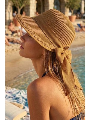 Ritagarcia Kadın Hasır Güneş Şapkası Arkası Fiyonklu Ayarlanabilir Plaj Şapkası