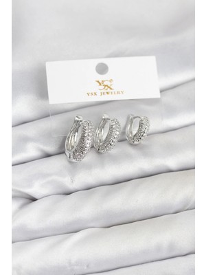 Sylar Pirinç Gümüş Renk Zirkon Taşlı Halka Model Ysx Trio Küpe Seti