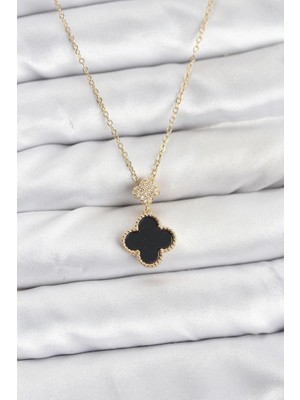 Sylar 316L Çelik Zincir Gold Renk Yonca Model Zirkon Taşlı Kadın Kolye