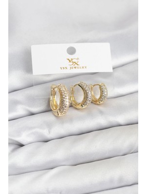 Sylar Pirinç Gold Renk Zirkon Taşlı Halka Model Ysx Trio Küpe Seti