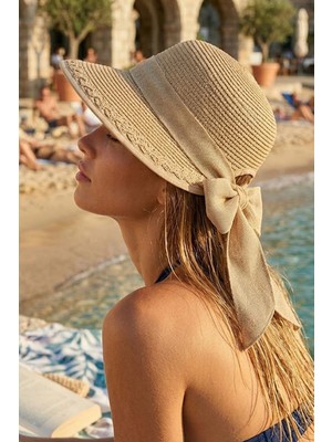 Ritagarcia Kadın Hasır Güneş Şapkası Arkası Fiyonklu Ayarlanabilir Plaj Şapkası