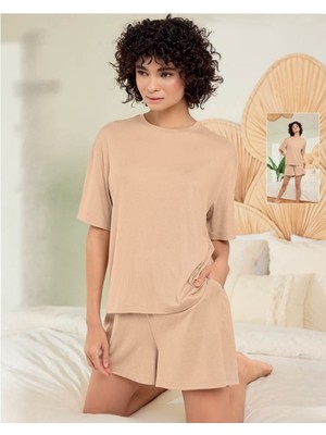 Aydoğan Kadın Basic Kısa Kollu Şortlu Fitilli Ribana Pijama Takımı Lyocell