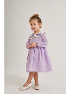 HaanBebe Lavanta Işlemeli Bebek ve Çocuk Elbisesi - Bebe Yaka Mor Tüllü Elbise