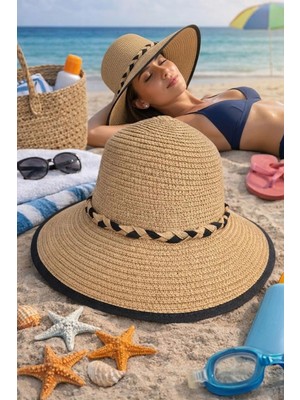 Ritagarcia Kadın Hasır Şapka Kurdele Detaylı Geniş Kenarlı Yazlık Plaj Güneş Şapkası Şık Tasarım