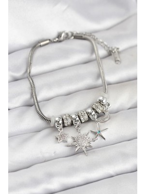 Sylar Pirinç Gümüş Renk Güneş Tema Charmlı Kadın Bileklik