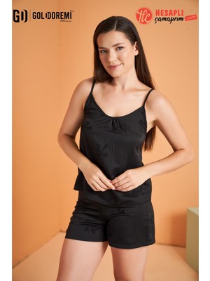 Gd Goldoremi 28041 Premium Kadın Desenli Saten Pamuklu Ip Askılı Şortlu Pijama Takım Özel Kutulu