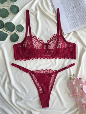 Ecs Butik Yaprak Desenli Dantelli Balenli Sütyen & Tanga Takımı