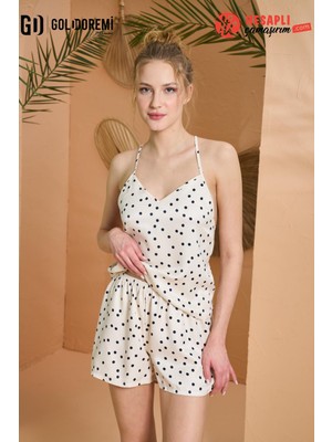 Gd Goldoremi 27083 Premium Kadın Özel Kutulu Puantiyeli Saten Ip Askılı Şortlu Pijama Takım