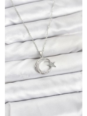 Sylar 316L Çelik Zincir Gümüş Renk Ay Yıldız Model Zirkon Taşlı Kadın Kolye