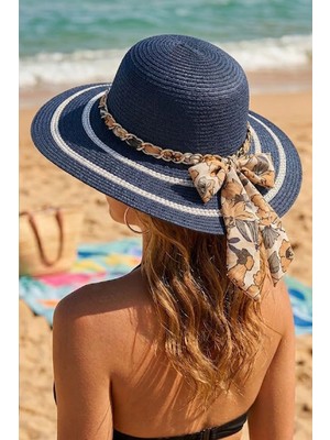 Ritagarcia Kadın Hasır Şapka Fiyonklu Zincir Detaylı Plaj ve Güneş Şapkası