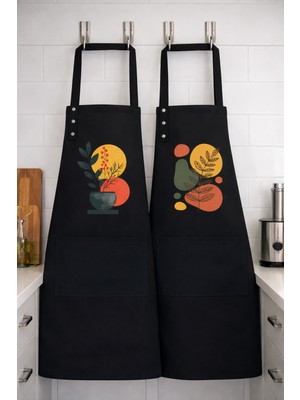 Hulganz Mutfak Önlüğü Seti 2'li Leke Tutmaz Su Itici Kumaş Solmaz Baskı Çiçek Botanik Desenli Çift Önlük