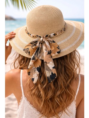Ritagarcia Kadın Hasır Şapka Fiyonklu Zincir Detaylı Plaj ve Güneş Şapkası