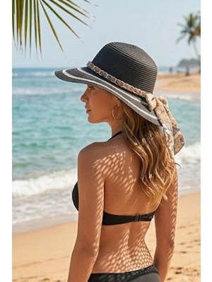 Ritagarcia Kadın Hasır Şapka Fiyonklu Zincir Detaylı Plaj ve Güneş Şapkası