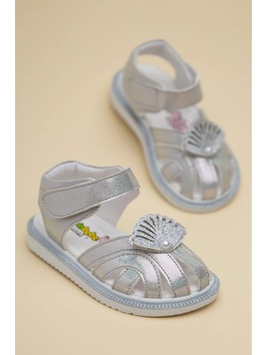 Dilimler Ayakkabı Şirinbebe Ortopedik Kız Bebek Sandalet Gümüş Yelpaze Detaylı Önü Kapalı