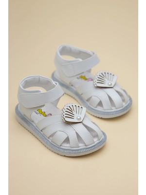 Dilimler Ayakkabı Şirinbebe Ortopedik Kız Bebek Sandalet Beyaz Yelpaze Detaylı Önü Kapalı