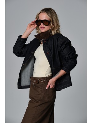 Maule %100 Pamuk Raw Denim Jean Mont  Düğmeli Çift Cepli Kadife Yaka Kadın Kot Ceket @messina