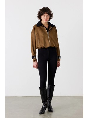 Facette Kadife Yaka Bomber Süet Ceket Haki