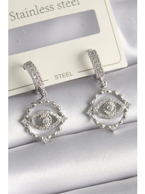 Sylar Pirinç Gümüş Renk Zirkon Taşlı Göz Model Kadın Küpe