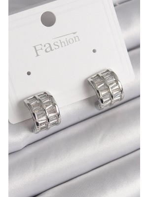 Sylar Pirinç Gümüş Renk Çift Sıra Zirkon Taşlı Kadın Küpe