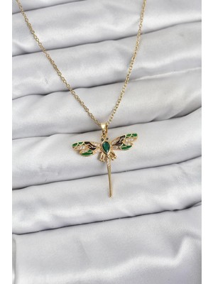 Pileli Store 316L Çelik Zincir Gold Renk Yusufçuk Model Zirkon Taşlı Kadın Kolye