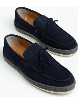 Dilimler Ayakkabı Hakiki Deri Süet Erkek Günlük Ayakkabı Lacivert Hasır Taban Fiyonk