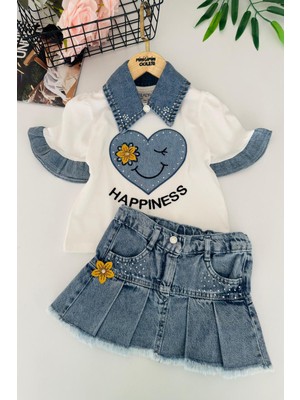 Miniğimin Cicileri Happines Çiçek Detaylı Etekli Kız Çocuk 2 Li Takım - Mavi