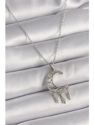 Sylar 316L Çelik Gümüş Renk Zincir Zirkon Taşlı Hilal Model Sallantı Yaprak Detay Kadın Kolye